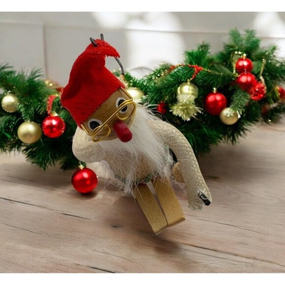 Vintage Wooden Christmas Tree Ornament Santa Claus Skier - Picture 1 of 7